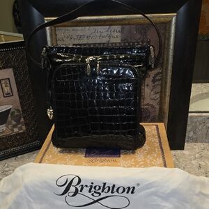 Brighton Black Croc-Embossed Patent Leather Shoulder Bag EUC